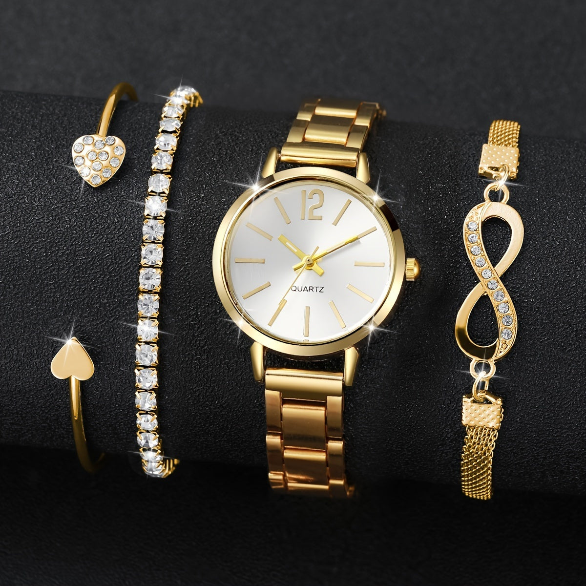 Women's Quartz Watch and Bracelet Set with Round Alloy Case Minimalist Design 4-Piece