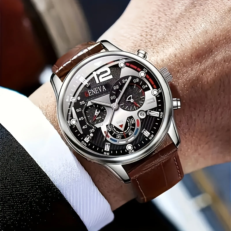 Men's Quartz Business Watch Set Alloy Case Faux Leather Strap Non-Rechargeable Battery