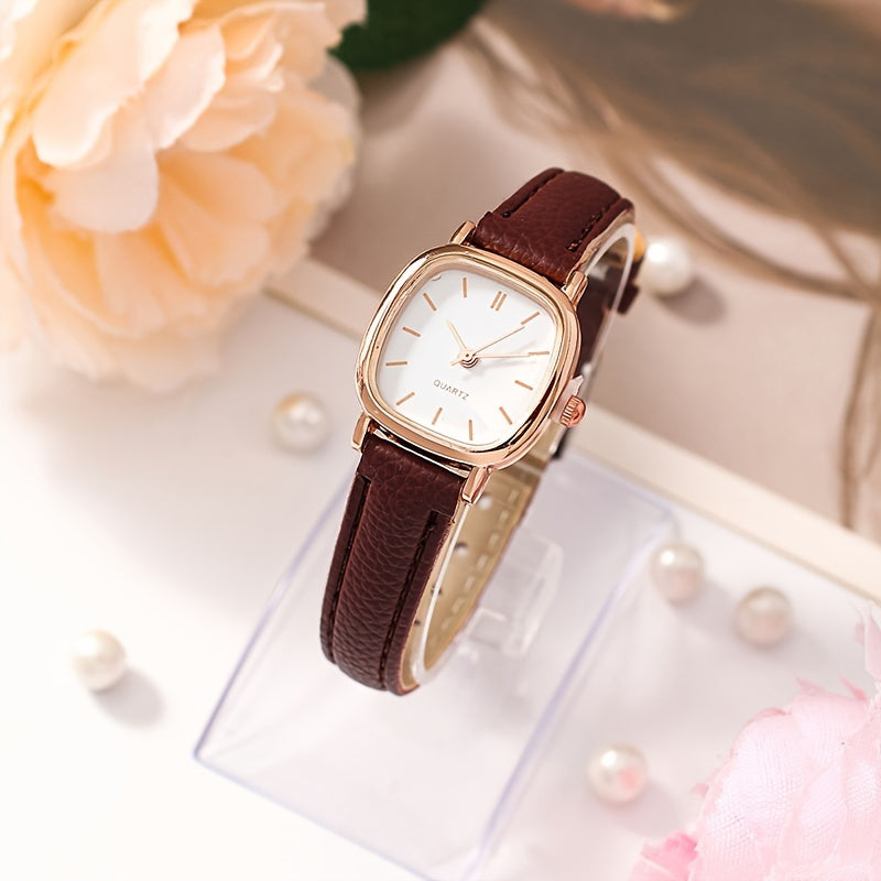 Women's Wristwatch with Synthetic Leather Band Quartz Rectangular Dial Electronic Drive