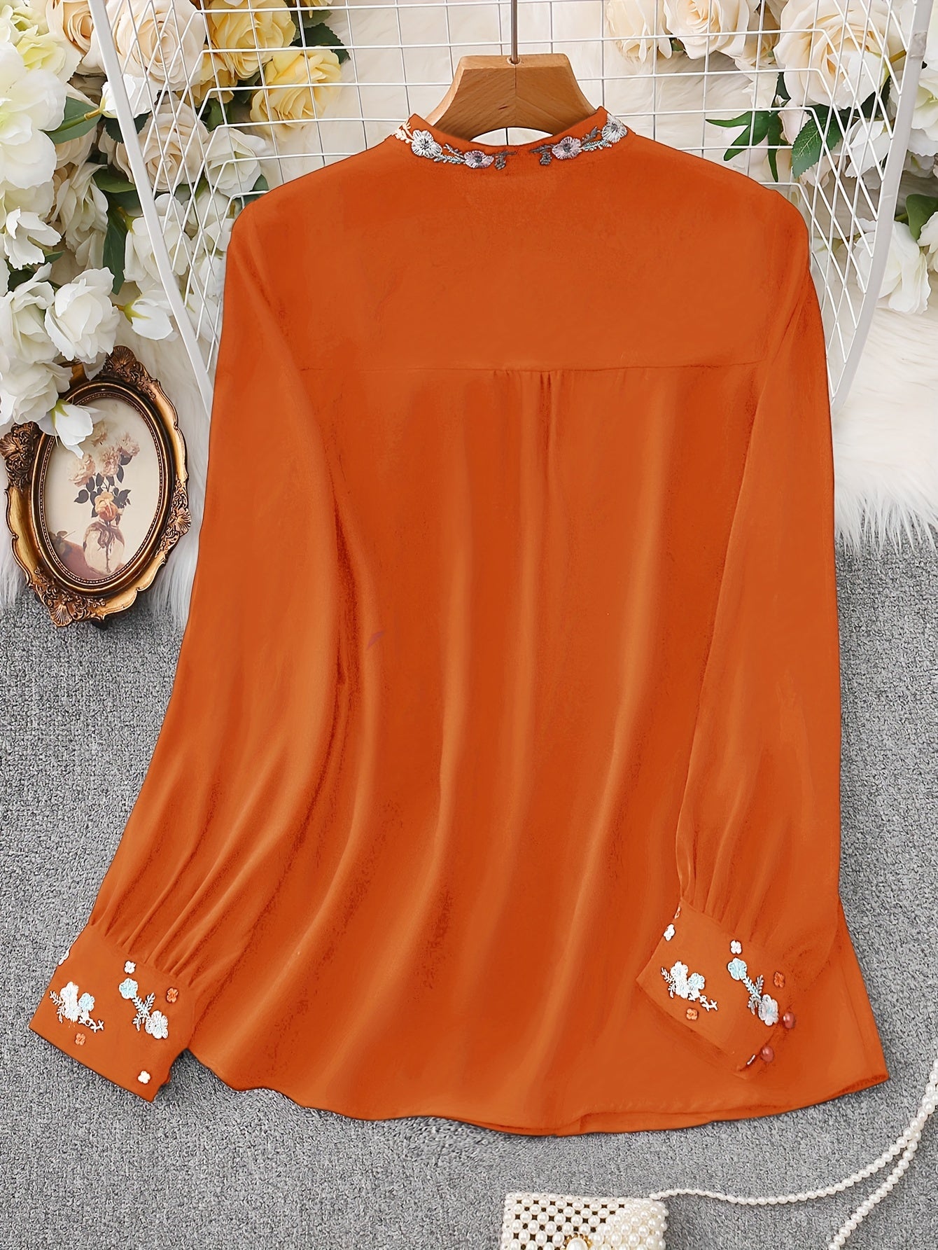 Women's Long Sleeve Embroidered Blouse with V-Neck and Button Front