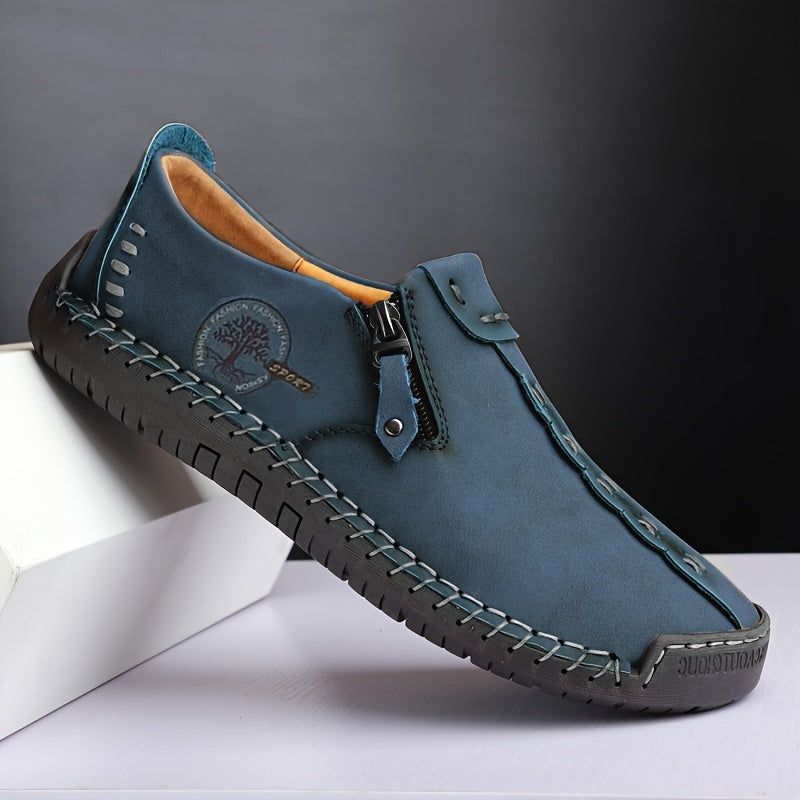 Men's Leather Zipper Loafers Slip-On Casual Shoes for Spring Summer Non-Slip Round Toe