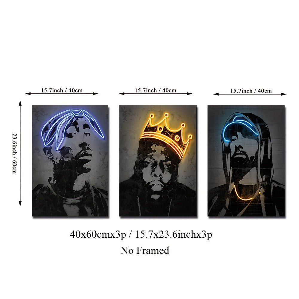 Neon Rapper Canvas Wall Art Set Frameless Hip-Hop Decor for Living Room Bedroom Bar