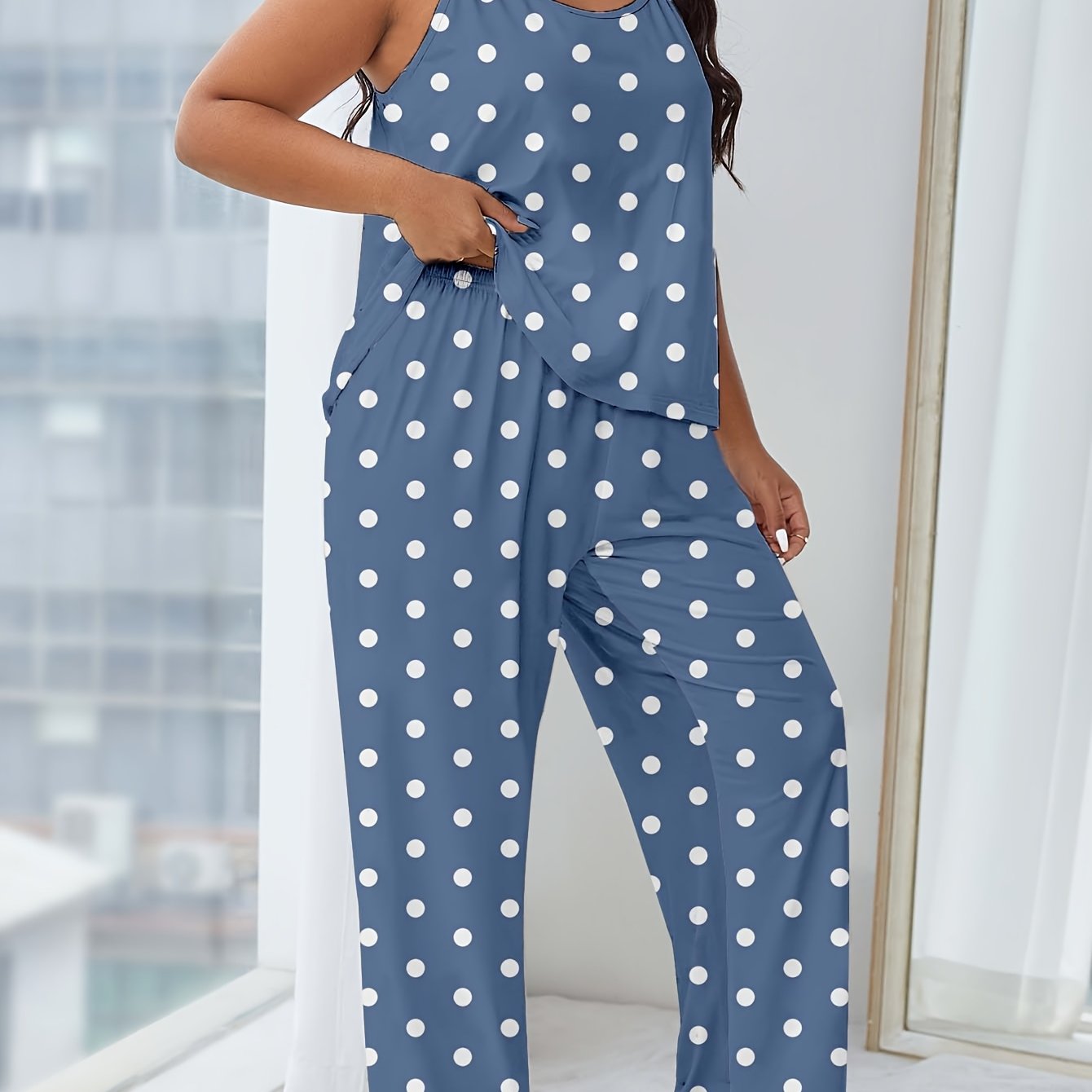 Женский комплект ночной одежды больших размеров с желтым горошком и безрукавными широкими брюками