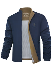 Men's Solid Color Polyester Woven Stand Collar Jacket for Spring Fall Regular Fit