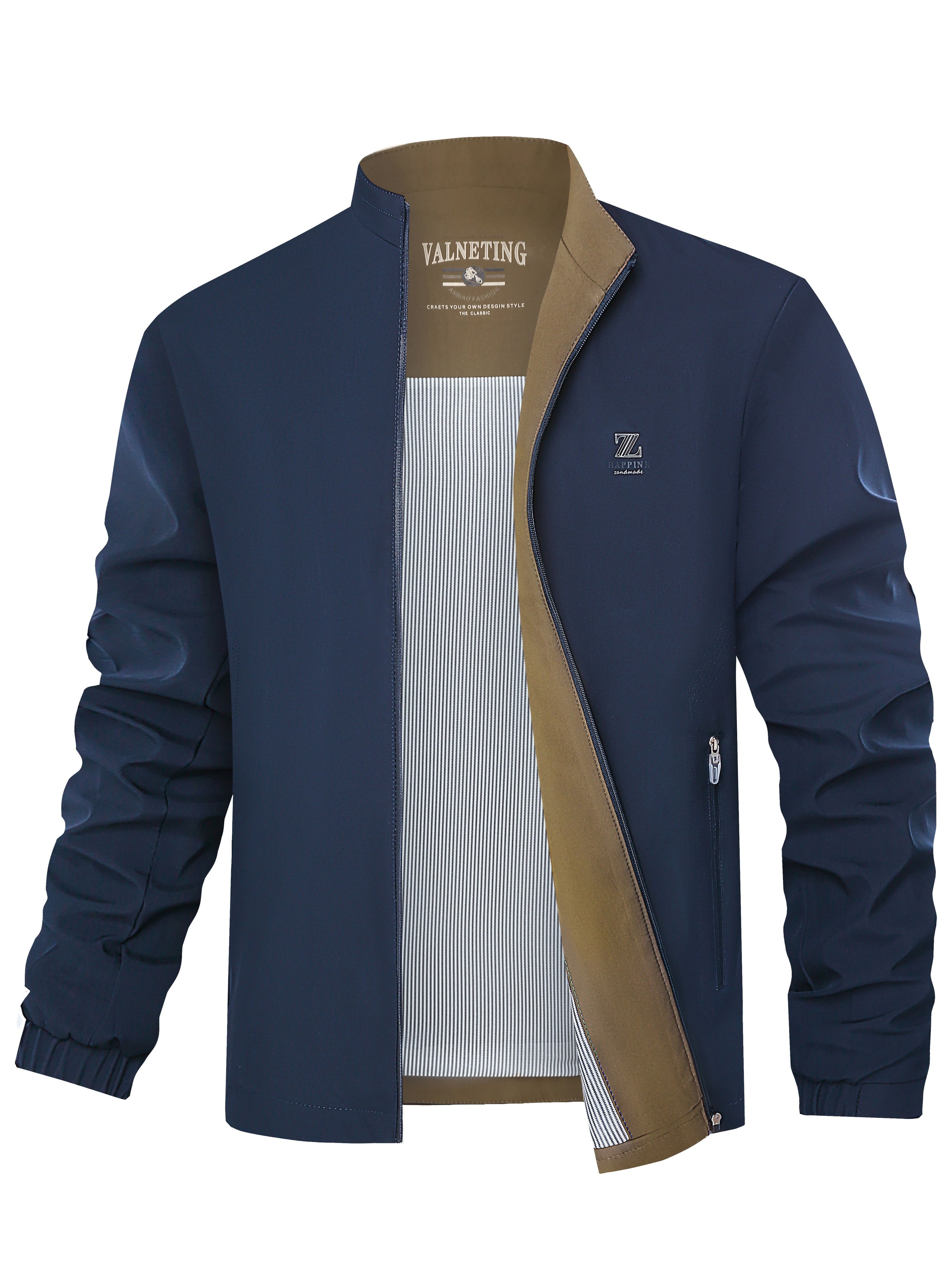 Men's Solid Color Polyester Woven Stand Collar Jacket for Spring Fall Regular Fit