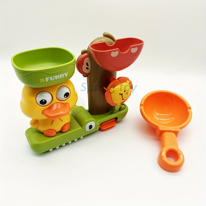 Colorful Cartoon Duck Bath Toy Set for Kids with Suction Cup Spraying and Rotating Features in Orange Green Yellow
