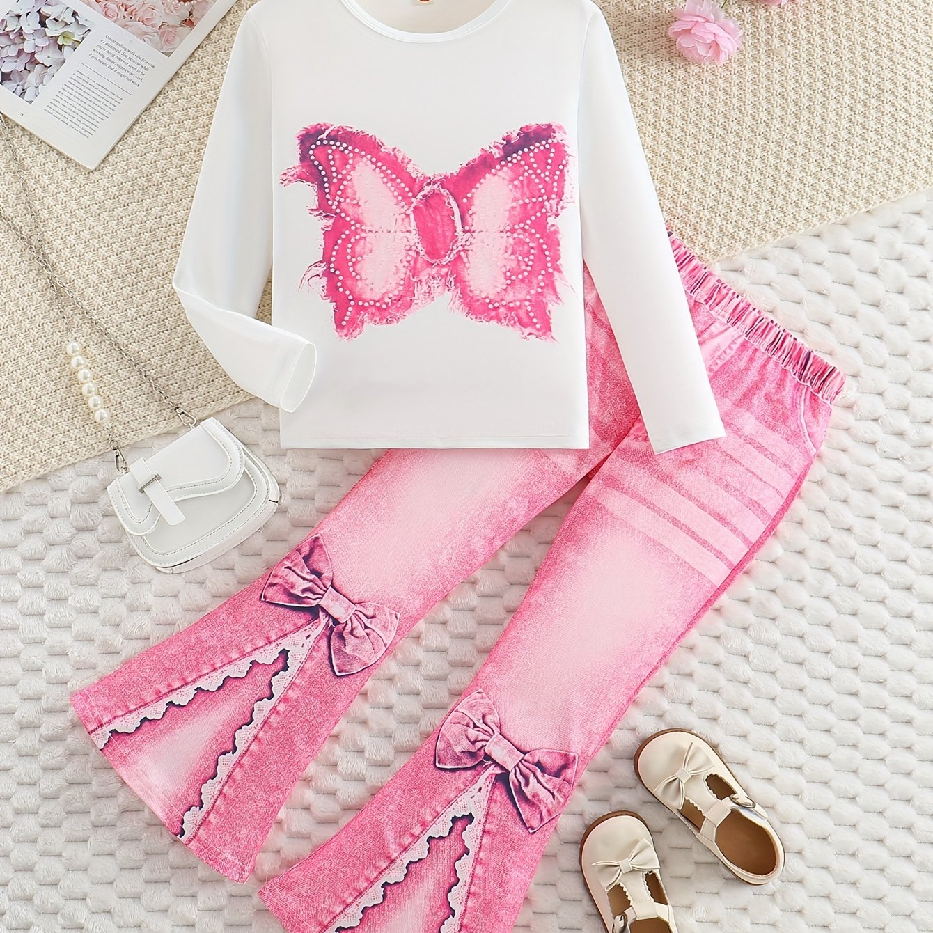 Набор одежды для девочек с длинным рукавом с принтом бабочки и искусственными джинсовыми брюками для детей