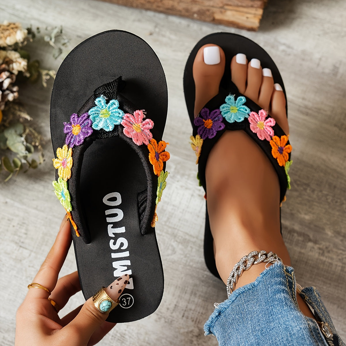 Women's Summer Floral Wedge Sandals Open-Toe Black Fabric Strappy