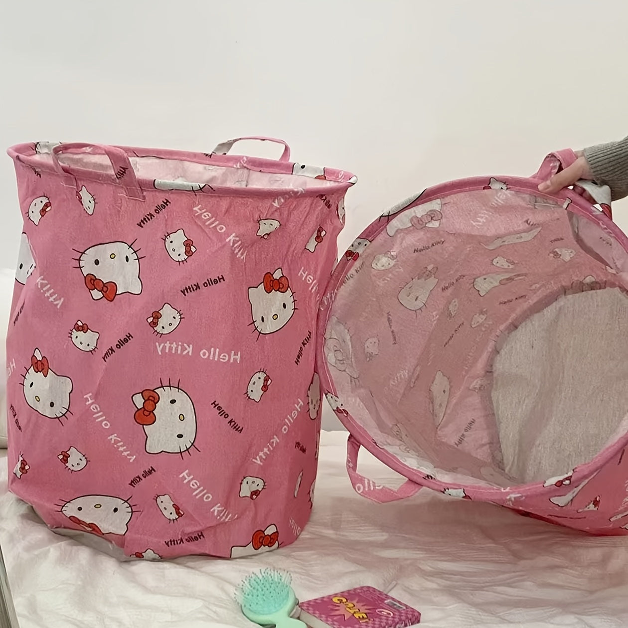 cesta de ropa redonda de tela con asa para almacenamiento en dormitorio