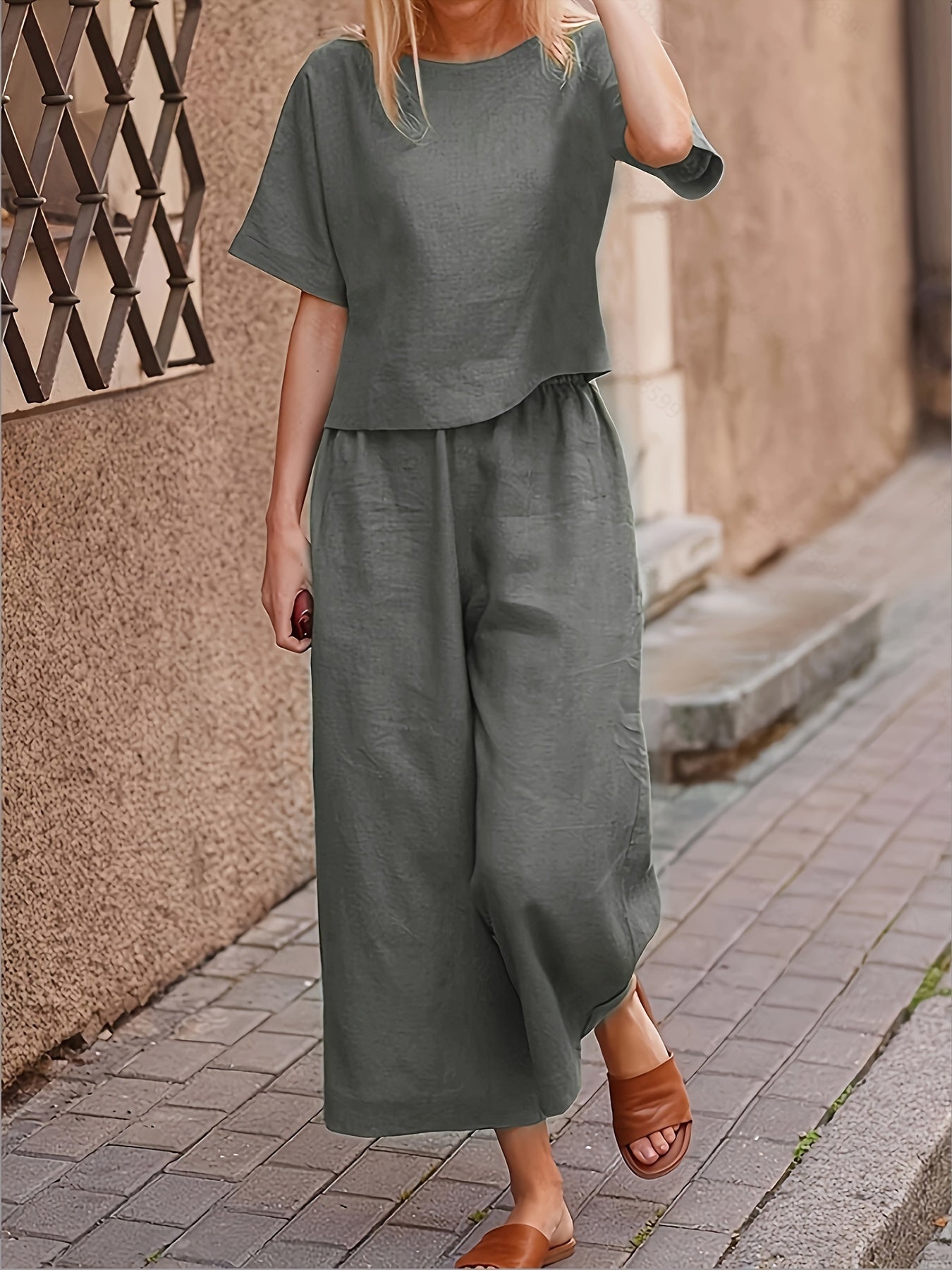 Women's Casual Solid Polyester Crew Neck T-Shirt and Wide Leg Pants Set