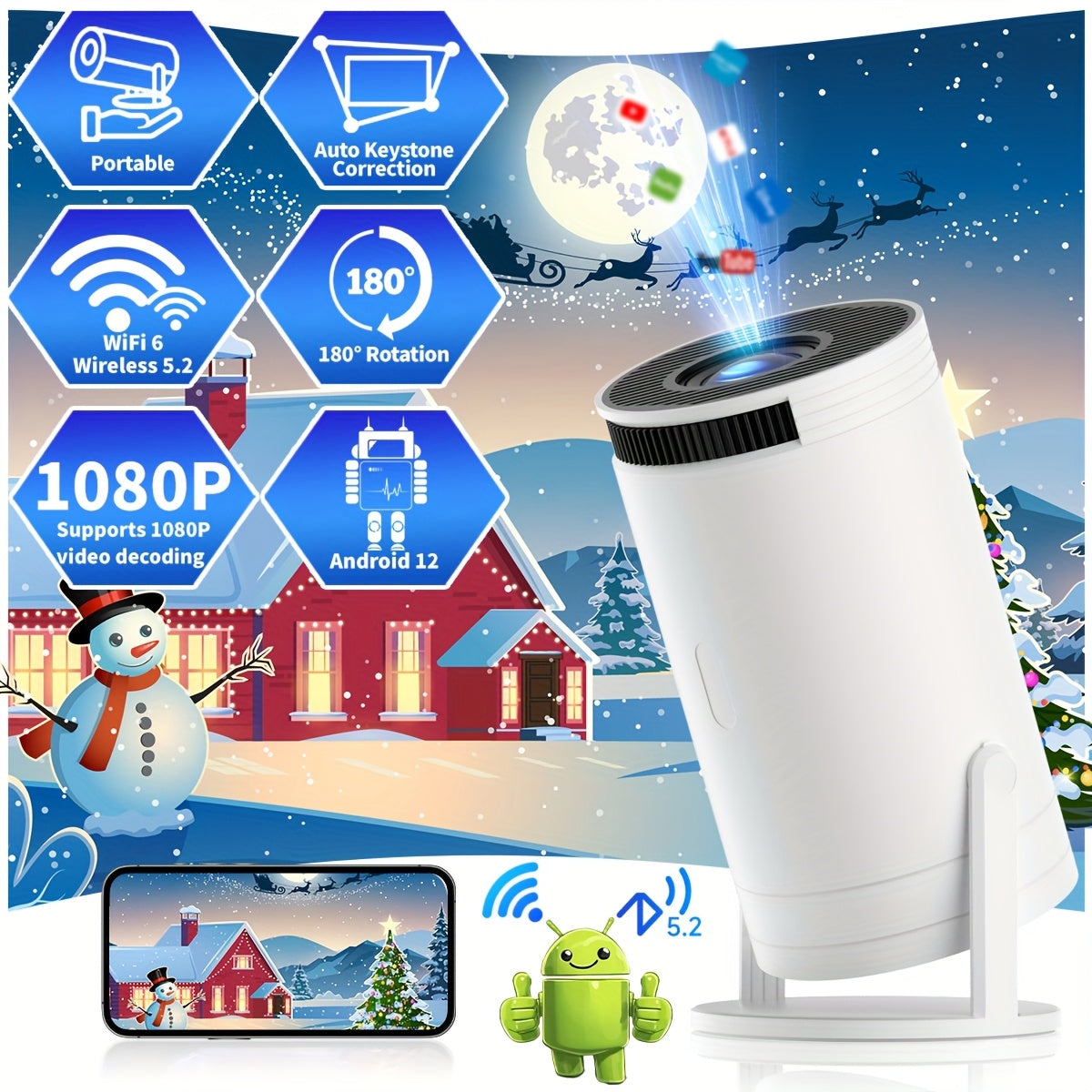 Mini Portable Projector 1080P WiFi6 180° Rotation for Home Office