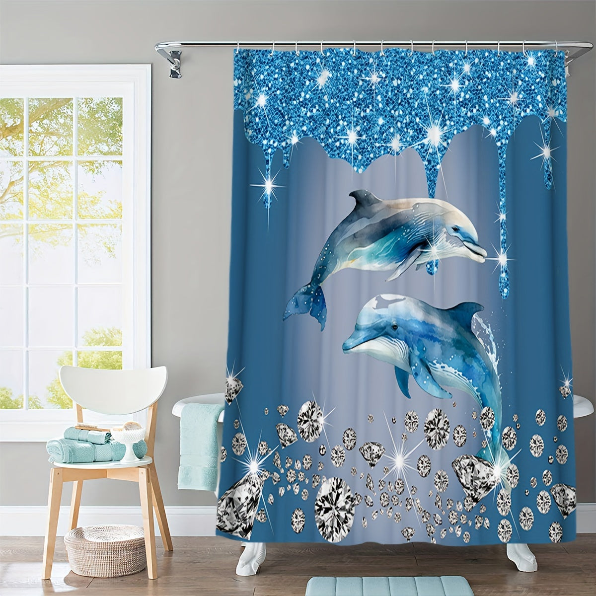 Dolphin Shower Curtain Set with Bath Mat Waterproof Polyester Ocean Theme Bathroom Decor