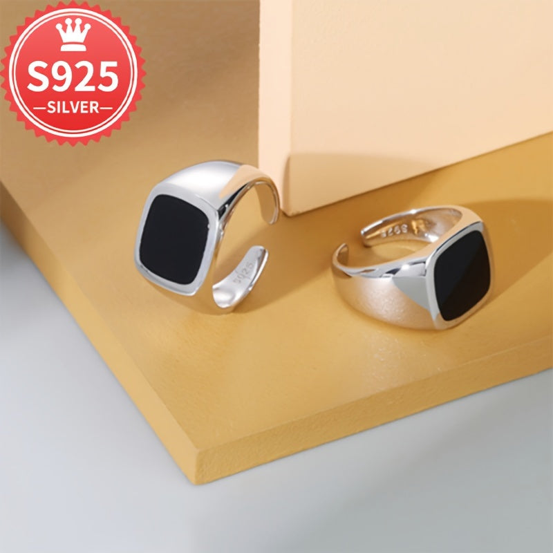 Unisex 925 Gippoallergenik Qora Kvadratli Silliq Keng Ochiq Halqa, 4.6g