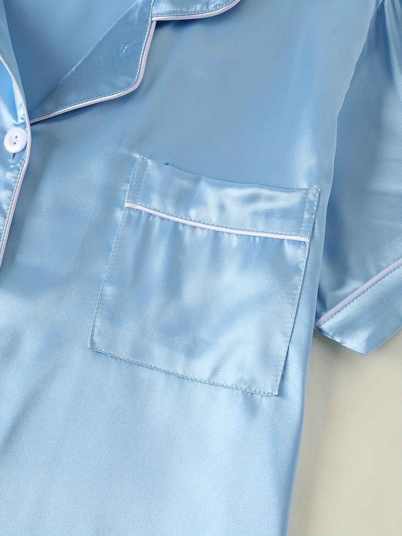 Women's Satin Lounge Set Short Sleeve Button-Up Top with Lapel Collar and Elastic Shorts