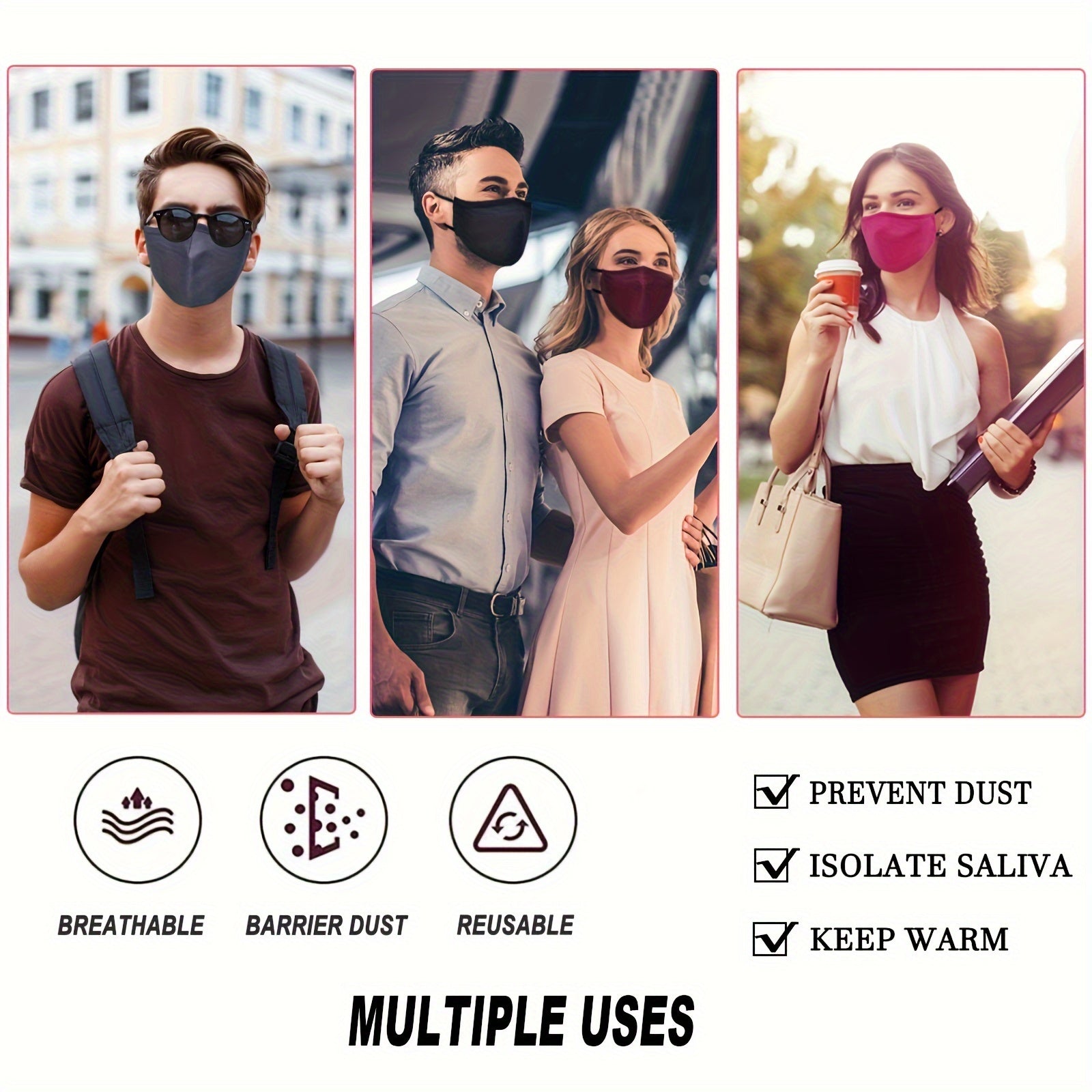 Reusable 12-Pack Polyester Knit Face Masks for Adults with Nose Wire Filter Pocket Breathable Unisex