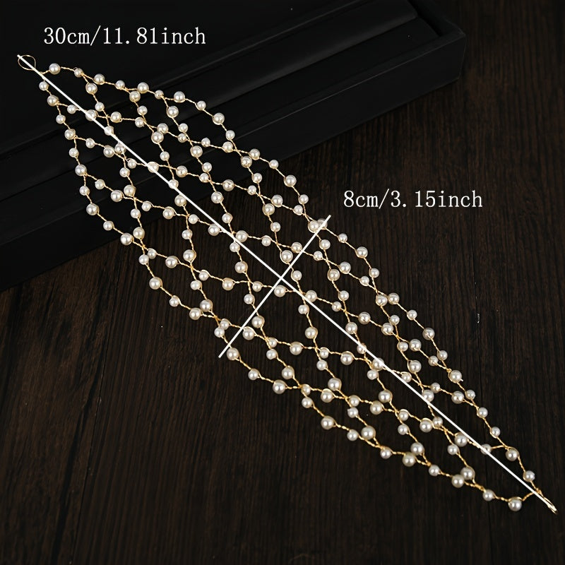 Nikoh yoki maxsus tadbir uchun Rojdestvo va Rhinestone Kristall bilan Ivory Faux Pearl toʻqilgan bosh band