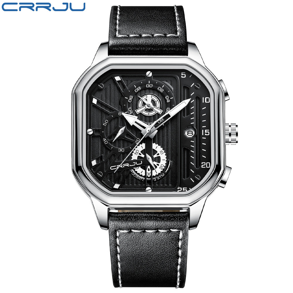 Men's Black Stainless Steel Chronograph Watch with Leather Strap