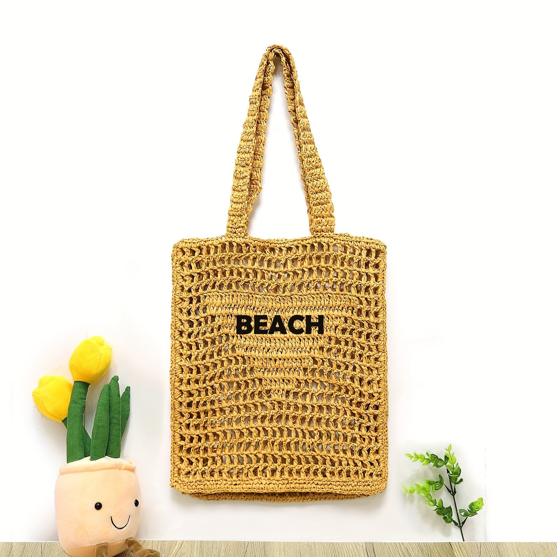 Large Capacity Women's Beach Tote Bag with Custom Embroidery, Hand-Woven Mesh