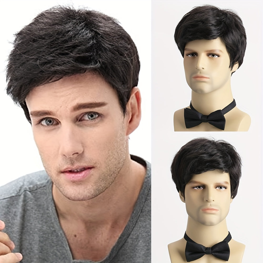 Men's Short Curly Wig Black 10-Inch Synthetic Heat-Resistant for Parties Halloween Role-Playing