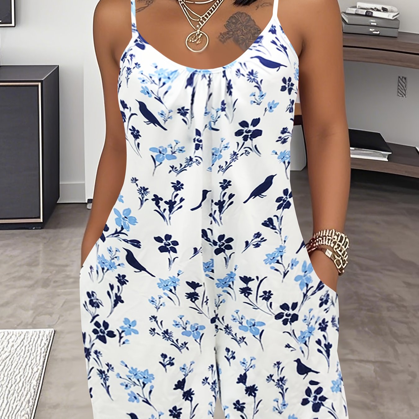 Mono sin mangas con bolsillos y estampado floral para mujer talla plus