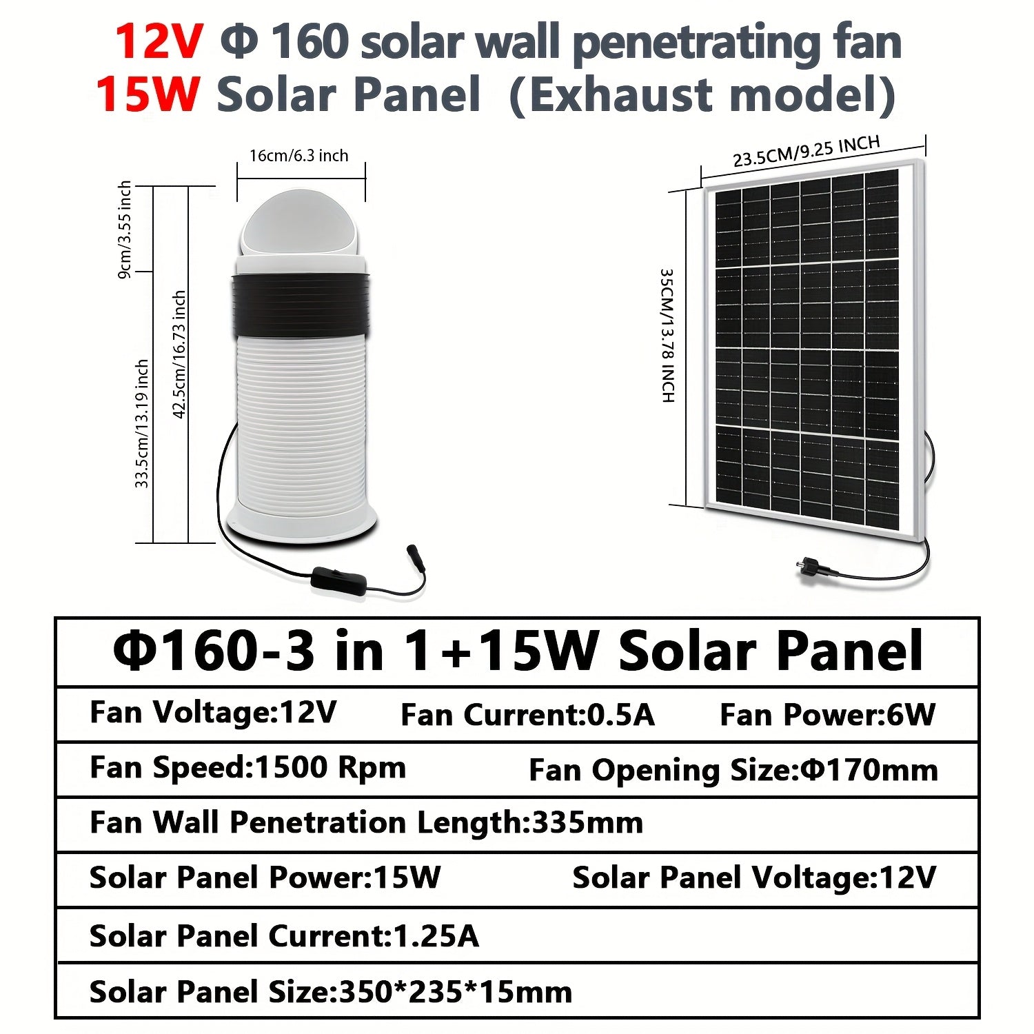 Solar Ventilation Fan Kit 15W Solar Panel with Removable Pipes for Home Exhaust