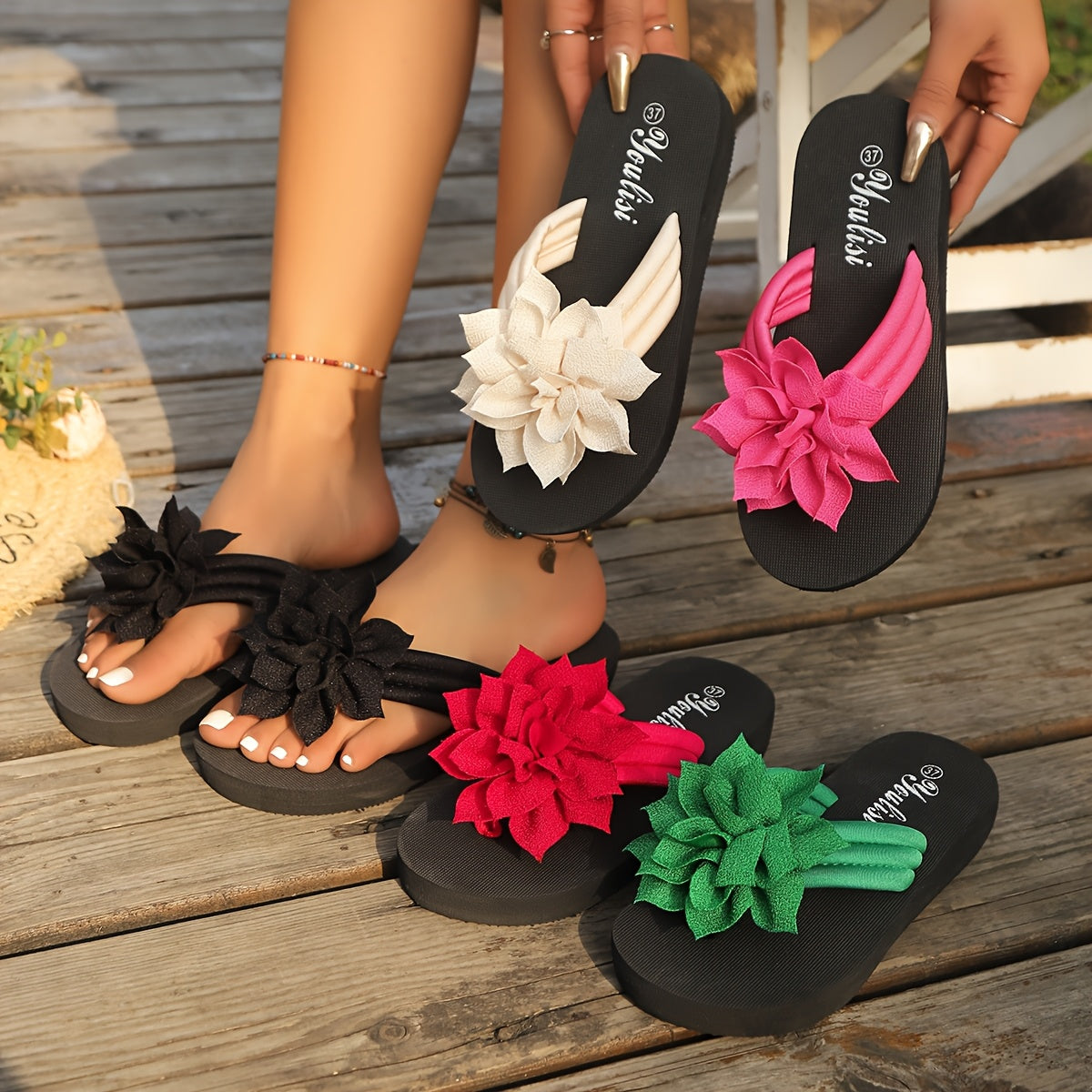 Women's Bohemian Flip Flops Rubber Sandals Pool Beach Casual