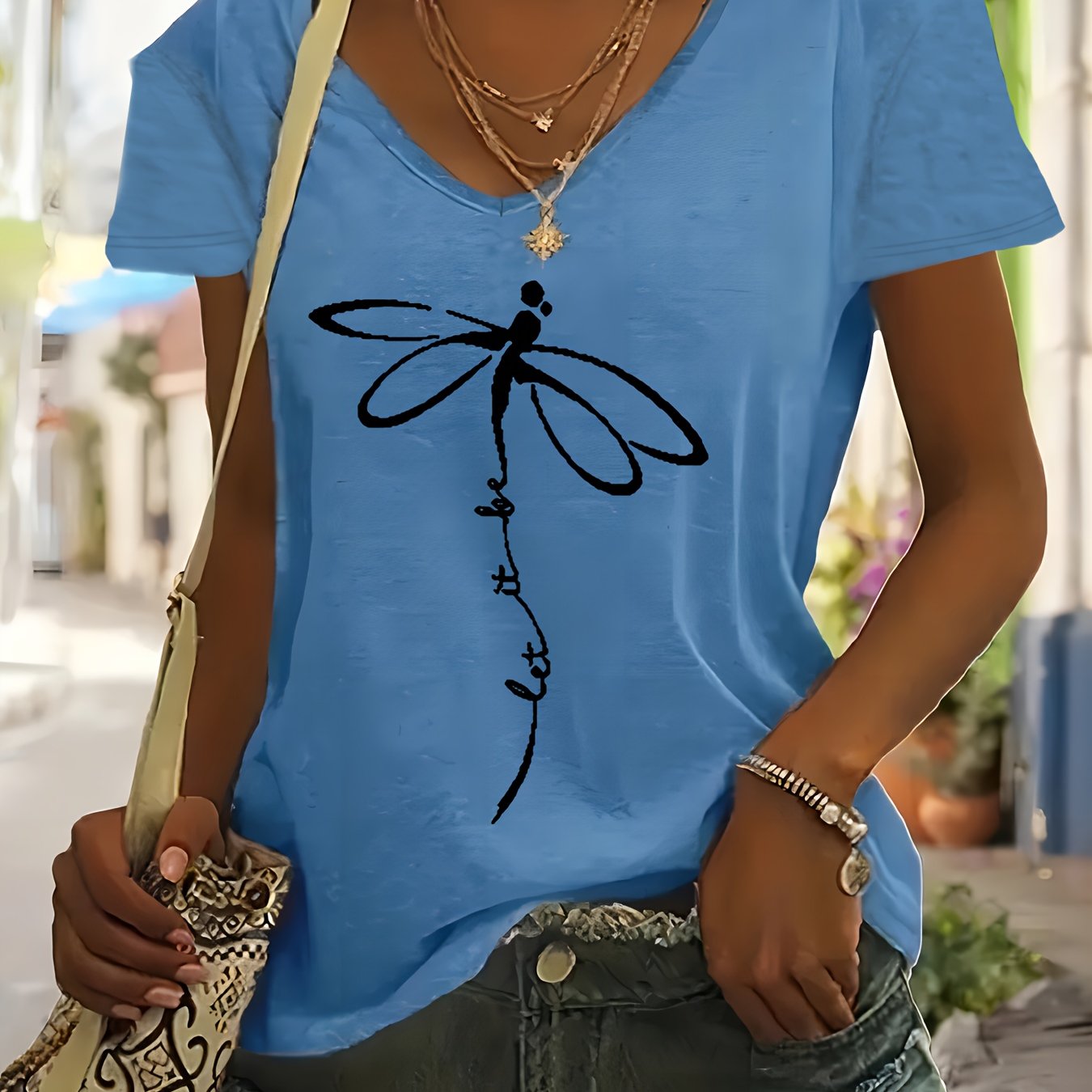Plus Size Women's V-Neck T-Shirt Geometric Dragonfly Print Mint Green Black
