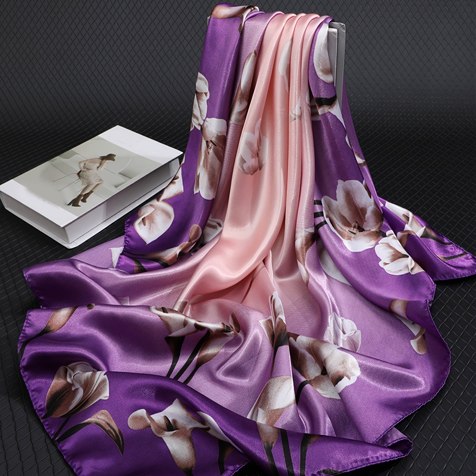 Blue Floral Print Square Scarf Women Lightweight Windproof Sun Protection Casual