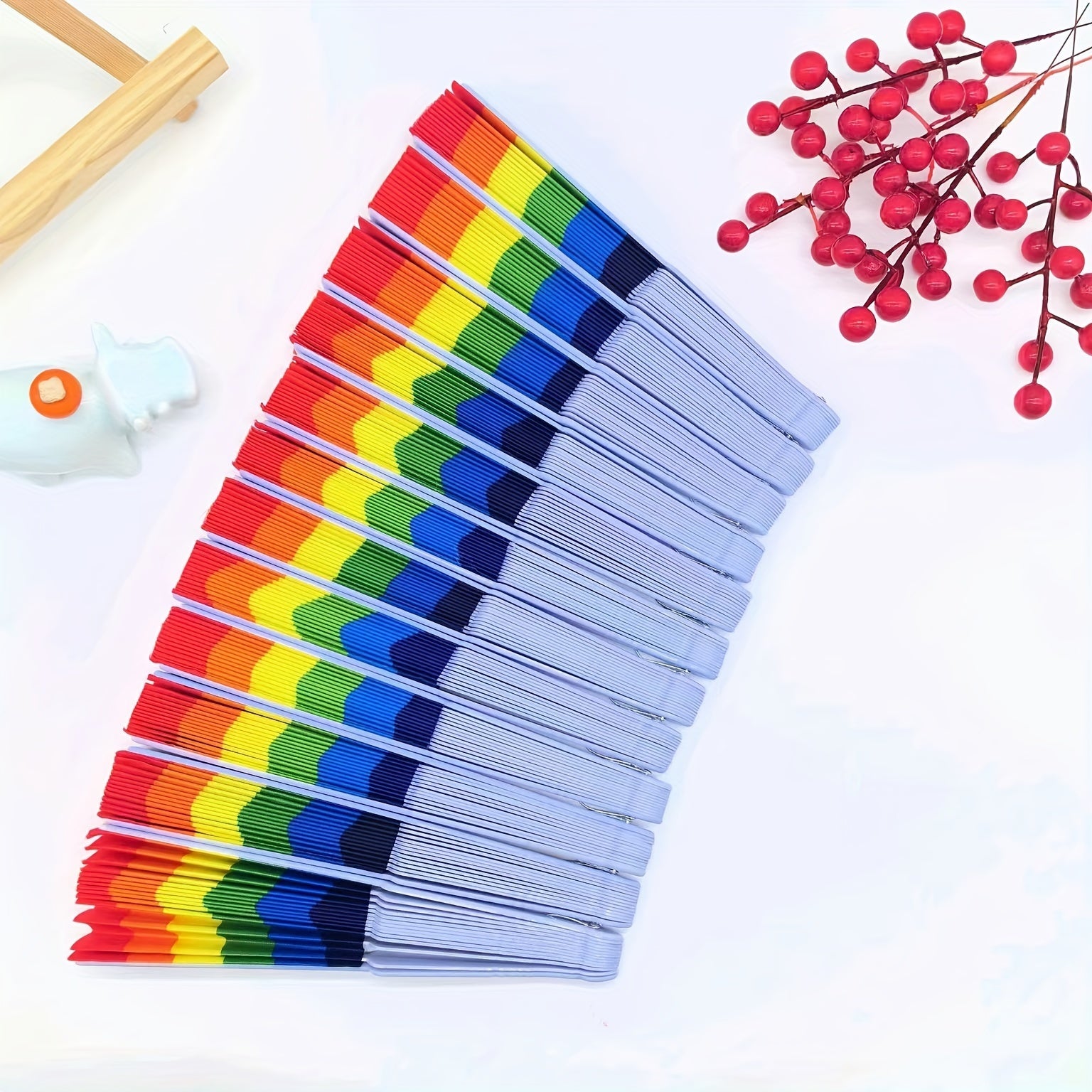 Set of 3/6/12 Rainbow Folding Fans Handheld Fabric Dance Props Party Decorations