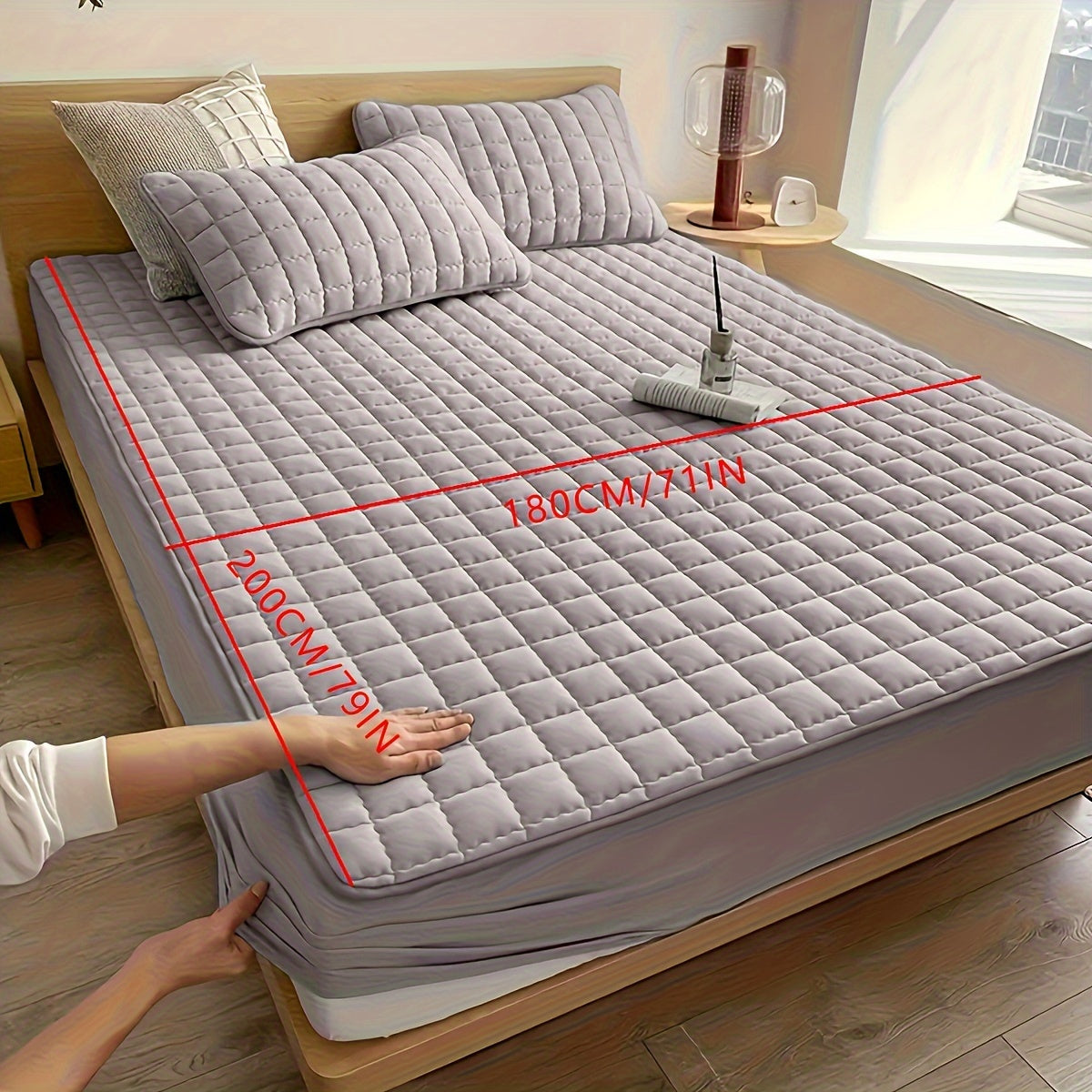 Light Gray Quilted Waterproof Fitted Sheet Breathable Polyester Deep Pockets Easy Care