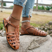 Women’s Brown Flat Heel Strappy Sandals with Buckle Closure