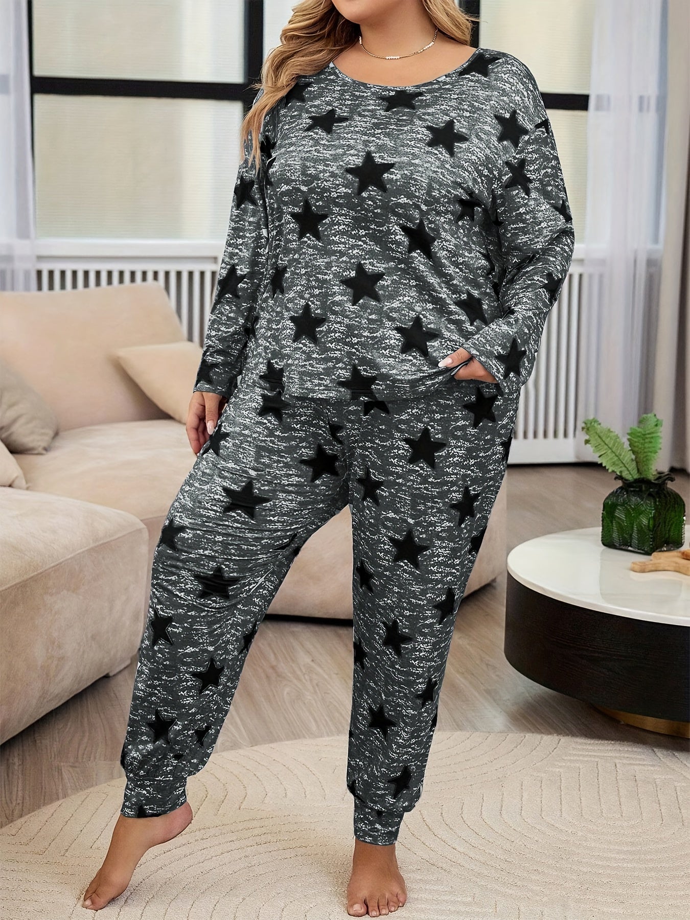 Plus Size Ladies Sleepwear Set Tie-Dye Star Print Lounge Pajamas