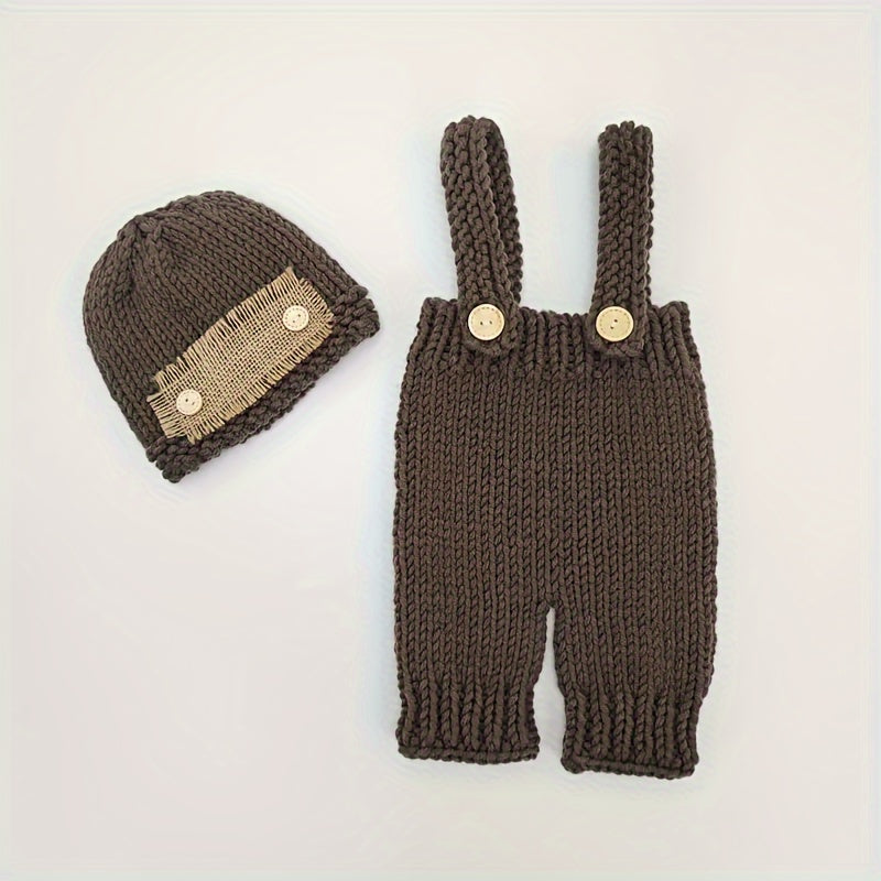 Kids Photography Costume Set with Crochet Button Hat and Overalls