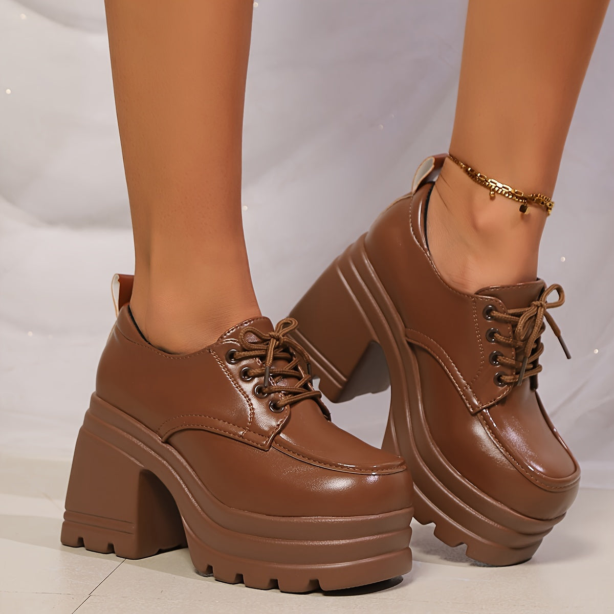 Women's Autumn Winter Thick Bottom Lace-Up Shoes 10cm Heightening Pastry