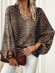 Women Leopard Print V-Neck Blouse with Lantern Sleeves and Cinched Waist