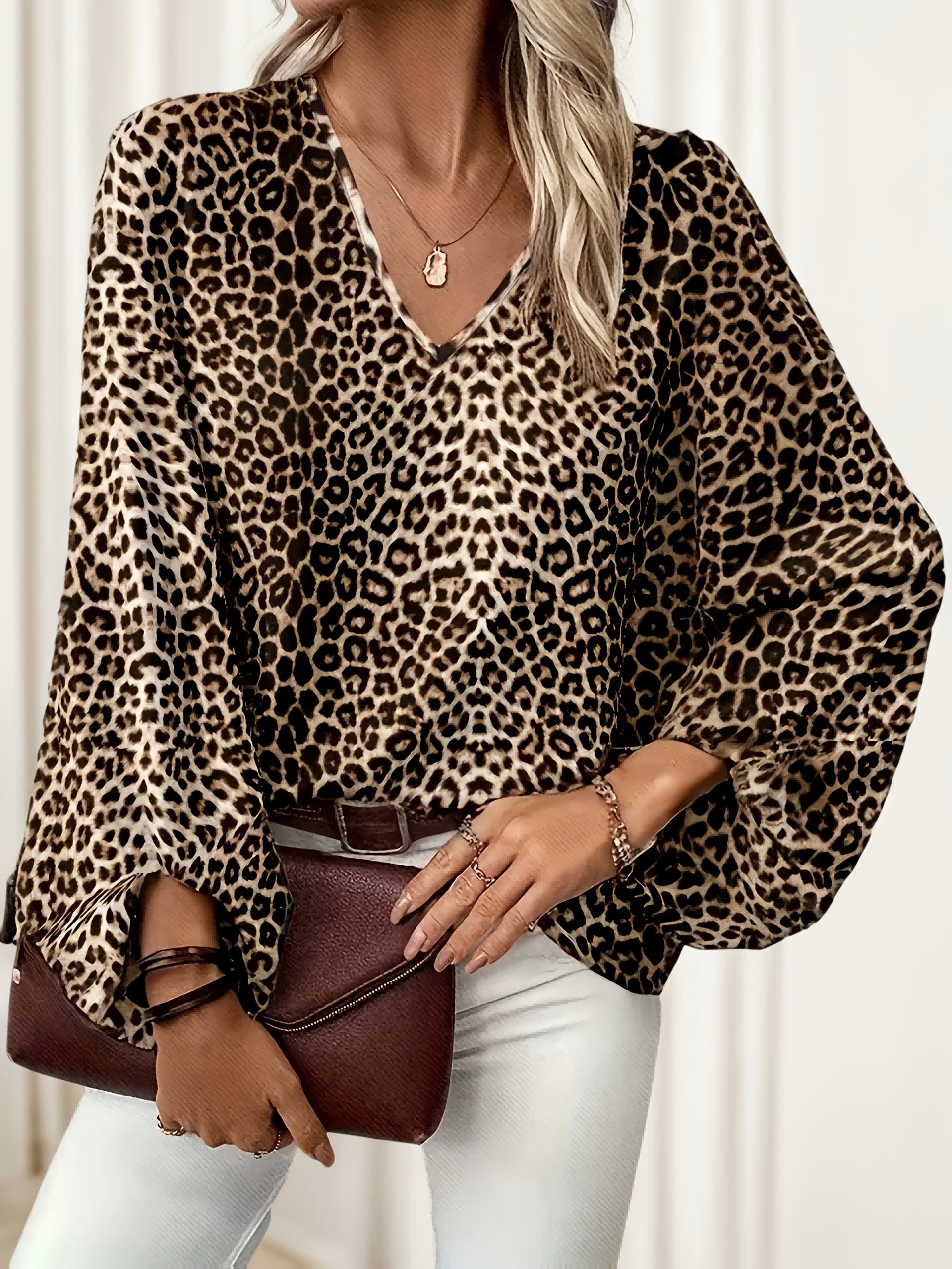 Women Leopard Print V-Neck Blouse with Lantern Sleeves and Cinched Waist