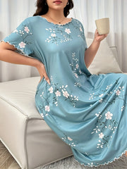 Plus Size Floral Short Sleeve Nightgown Sleep Dress Lightweight Comfortable