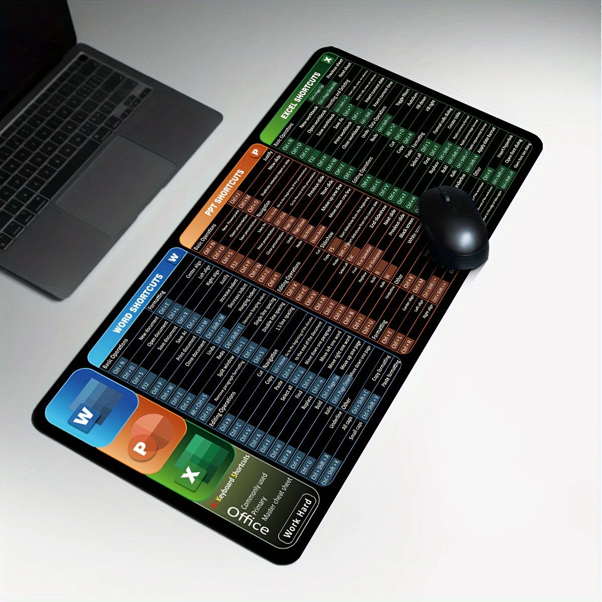 Large Non-Slip Washable Mouse Pad with Printed Shortcuts for Word Excel PowerPoint Gaming