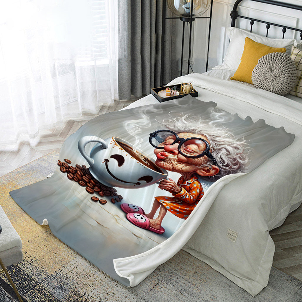 Cozy Flannel Blanket with Coffee Print Lightweight All-Season Knit Throw for Living Room Bed Decor