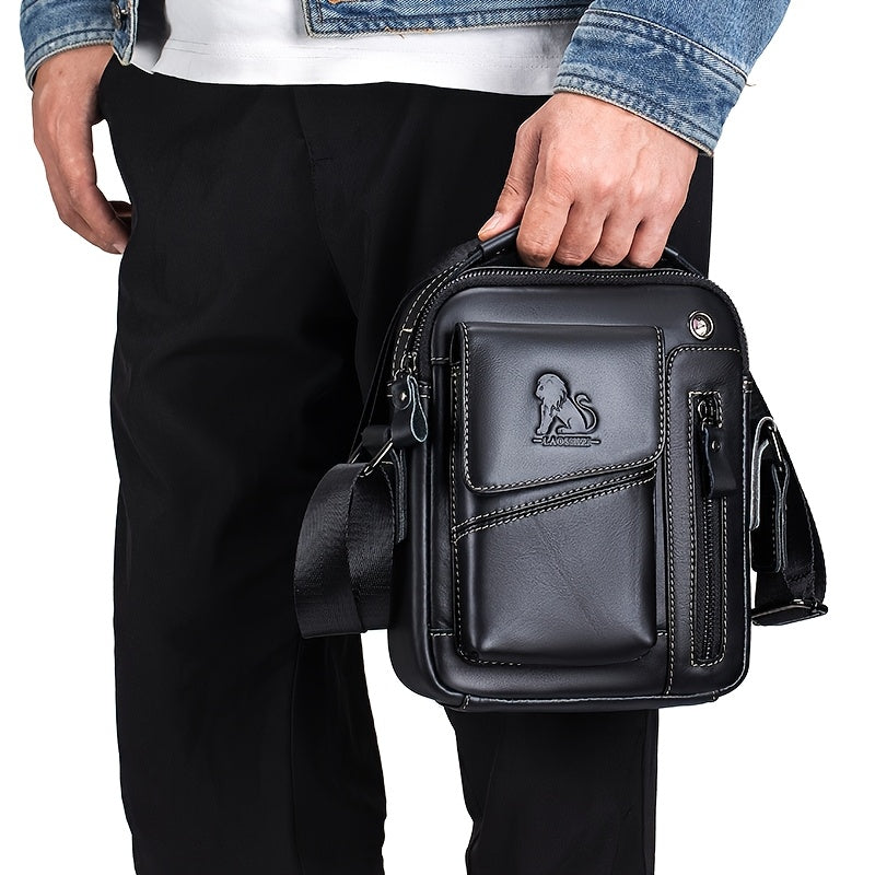 Men's Genuine Leather Crossbody Bag with Multi-Compartment Zipper Dark Brown