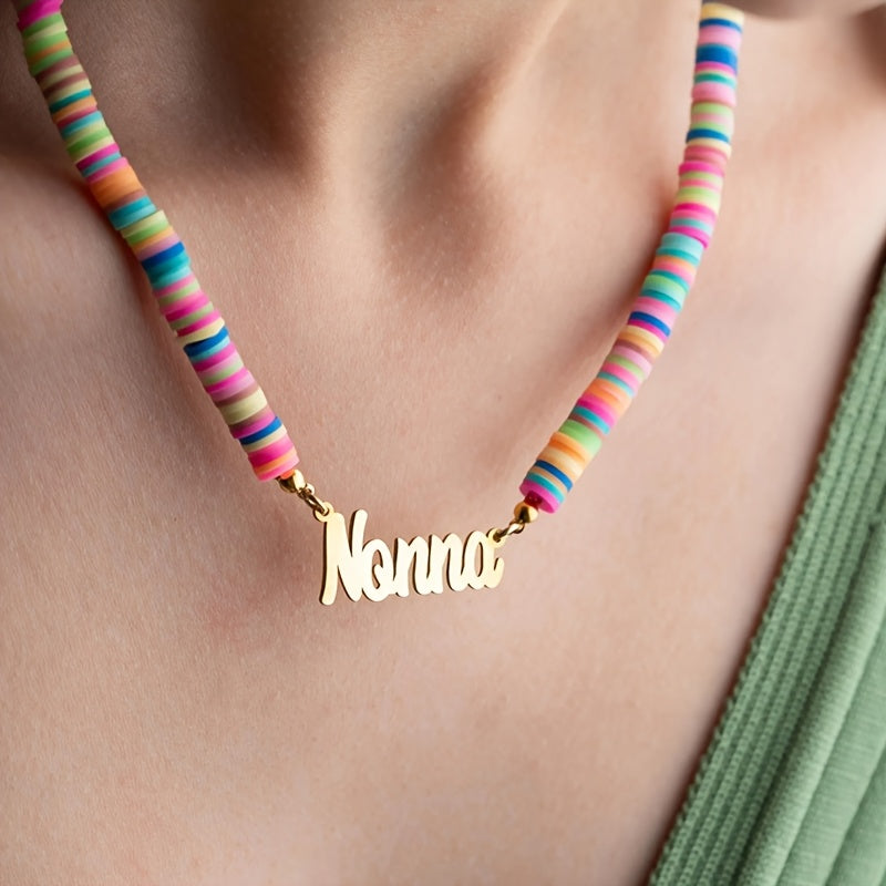 Rainbow Name Necklace in 18K Gold Plated with Polymer Clay Beads for Women