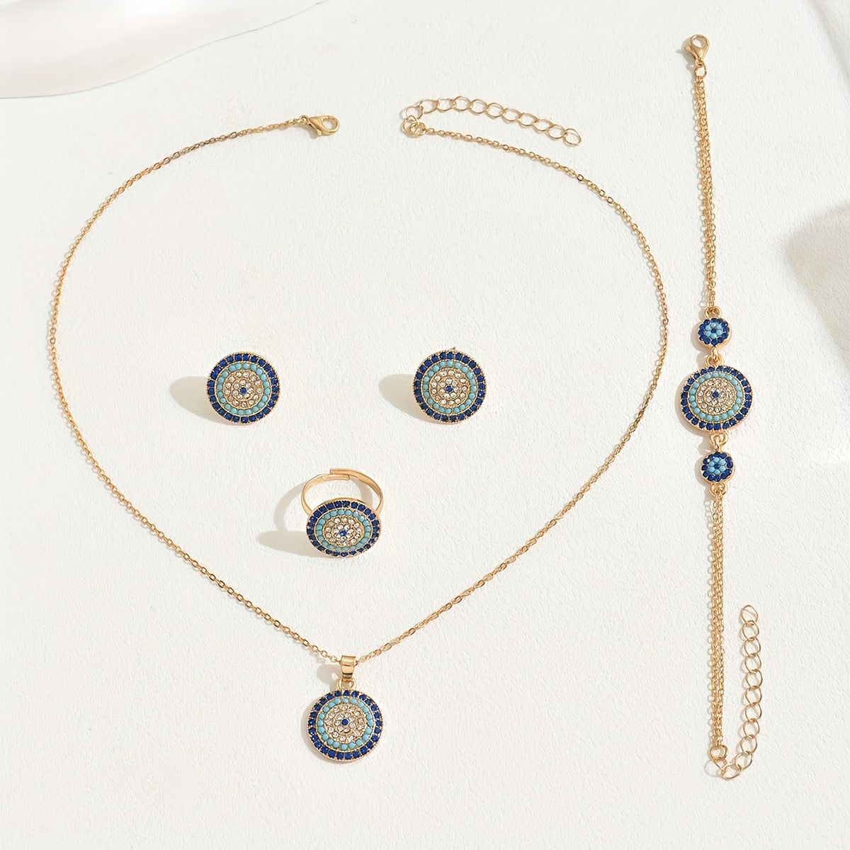 Women's Boho Jewelry Set with Turquoise Inlaid Necklace Bracelet Earrings Ring Floral Design