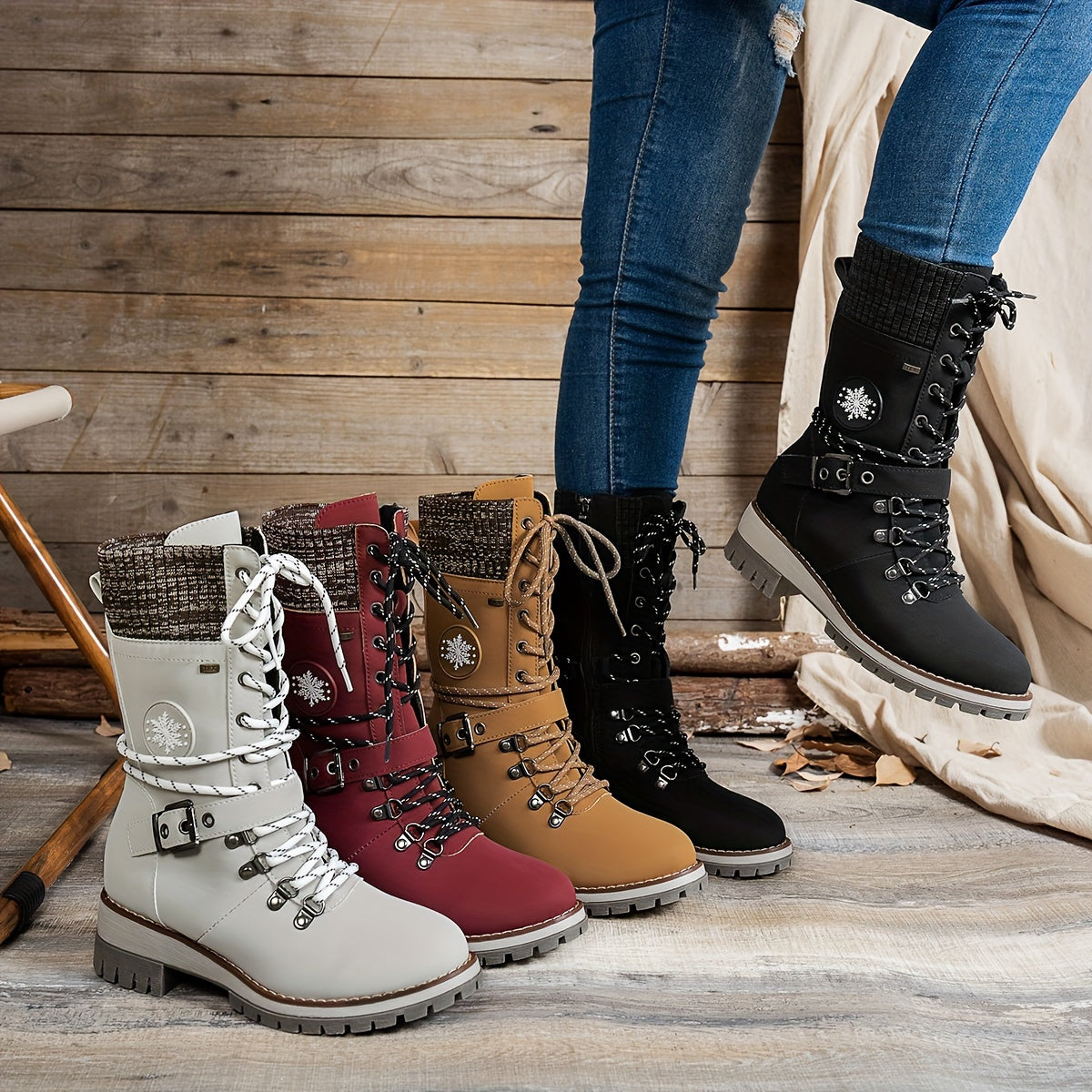 Women's Knitted Splicing Mid Calf Boots Lace Up Side Zipper Chunky Heeled Outdoor