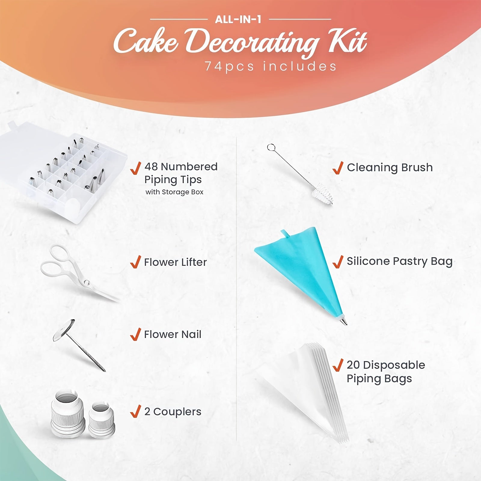 Cake Decorating Set with 74 Pieces, Stainless Steel Tips, Disposable Bags