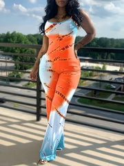 Women's Plus Size Sleeveless Jumpsuit Summer Dress Vibrant Orange Blue Print