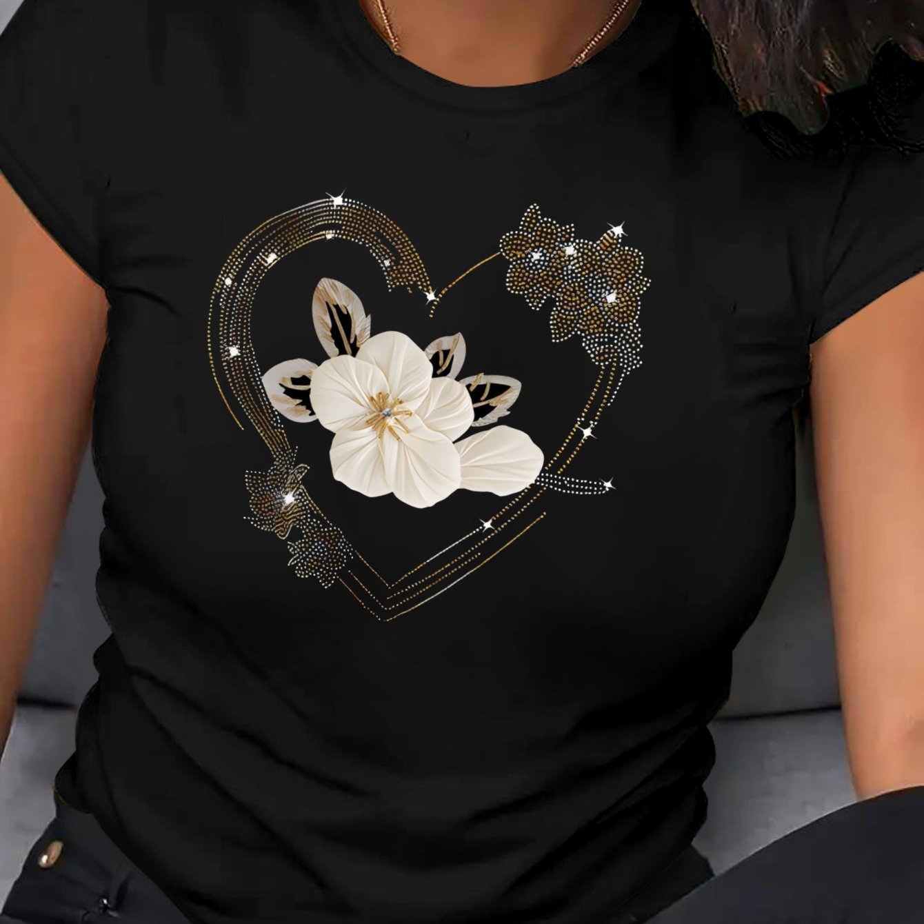 Plus Size Women's Floral Heart T-Shirt Breathable Polyester Short Sleeve
