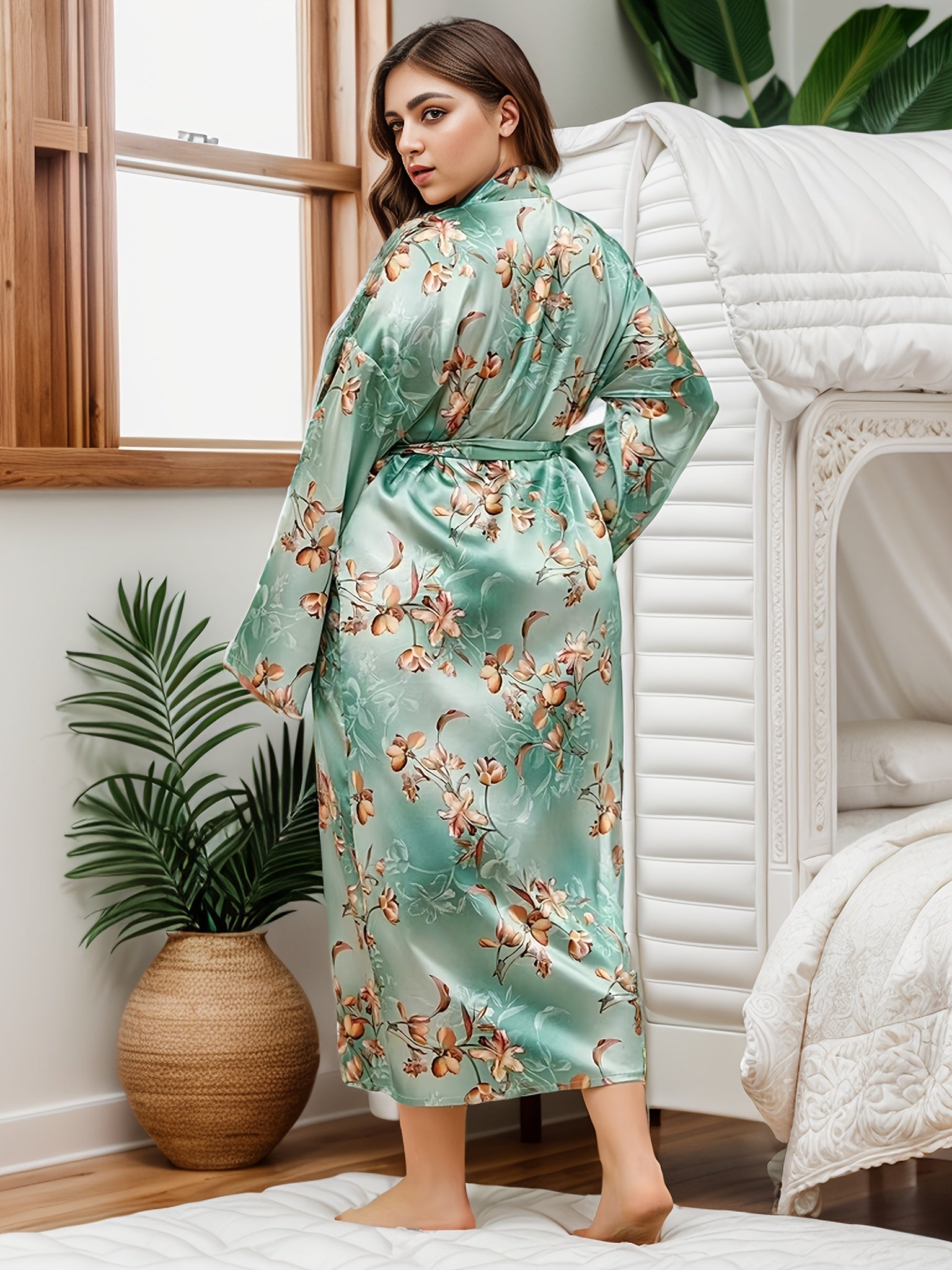 Plus Size Satin Floral Lounge Robe Long Sleeve Open Front Nightgown