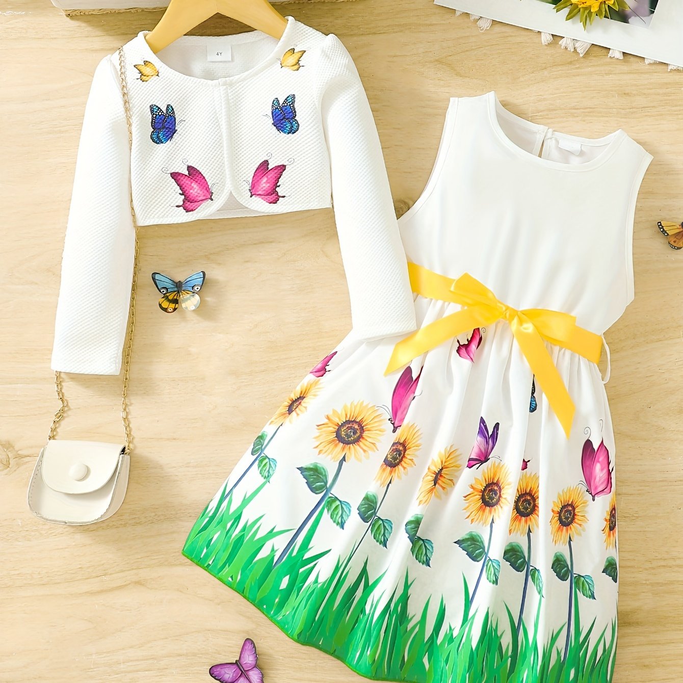 Girls Butterfly Casual Two-Piece Dress Set with Midi Length and Belt