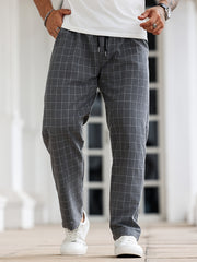 Men's Black and White Plaid Sleep Pants with Drawstring Polyester Lounge Casual