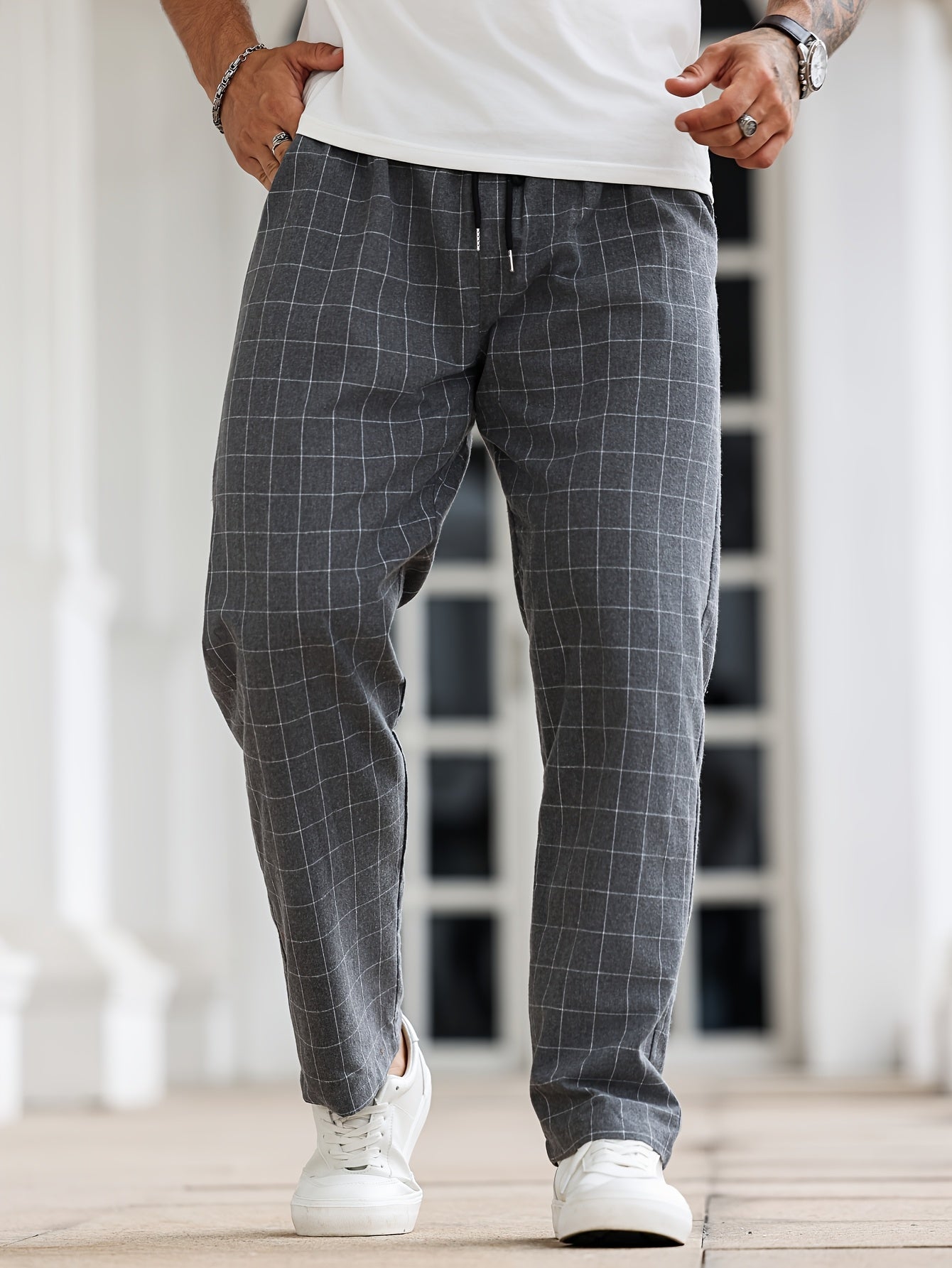 Men's Black and White Plaid Sleep Pants with Drawstring Polyester Lounge Casual